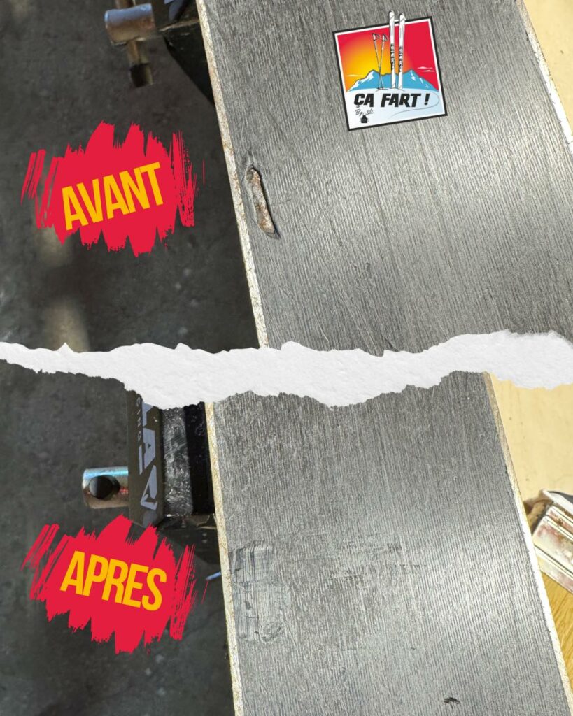Semelle de ski abimée et après réparée au P-Tex.