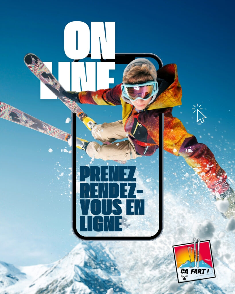 skieur qui saute qui invite les gens à prendre rendez-vous en ligne